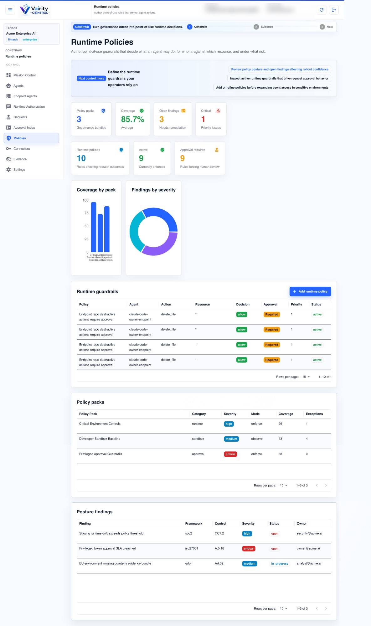 Vairity CONTROL runtime policies — coverage by pack, posture findings mapped to SOC 2, ISO 27001, and GDPR